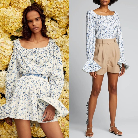 AGUA BY AGUA BENDITA Pina Top Ruffle Acacias Print Cotton Poplin Blouse - Picture 1 of 8